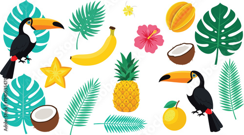 Tropical Vacation Set Featuring Toucan Birds Pineapple Coconut Star Fruit and Palm Leaves for Exotic Summer Jungle Graphic Design.