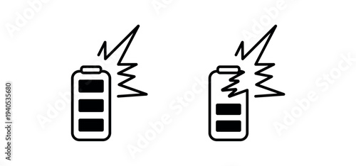 Damaged battery icon set. broken battery icon set. battery failure warning symbol png and vector illustration on transparent background.