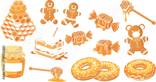 Collection of Honey Themed Sweet Illustrations Including Honeycomb, Jar, Dipper, Gingerbread Men, Caramel Candy, Glazed Donuts, and Honey Cake Icons