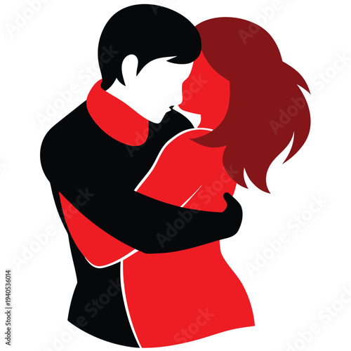 A couple embraces in a stylized minimalist red and black illustration
