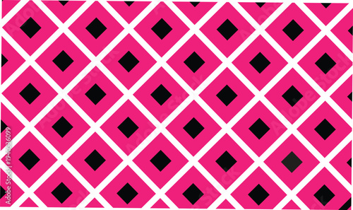 Pink diamond pattern background featuring geometric shapes with black center squares on transparent grid creating repetitive seamless style for modern design projects