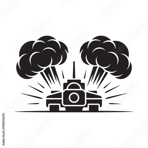 A stark black and white illustration depicts a camera taking a photo with cloud like bursts of light