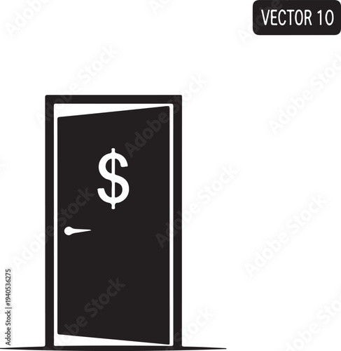 Black open door with dollar sign and handle on white background money finance d