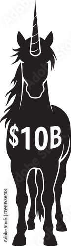 Black silhouette of a unicorn with a dollar sign and 10 B text white des