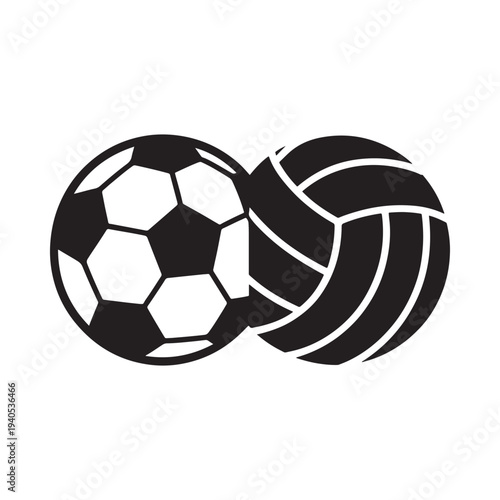 A striking black and white composition featuring a soccer ball intertwined with a volleyball symbolizing sports
