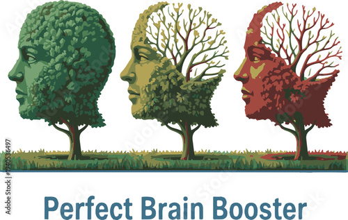 Human Head Tree Brain Health Concept, Memory Loss Stages, Brain Booster Medical Illustration