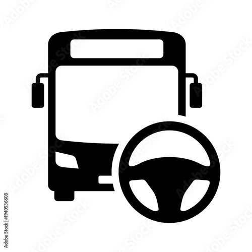 Bus and steering wheel icon. Driving lesson. Bus driver training. Practical driving test. Bus driving test. Vector icon isolated on white background.