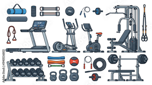 Gym Equipment Illustration Set for Fitness Training.