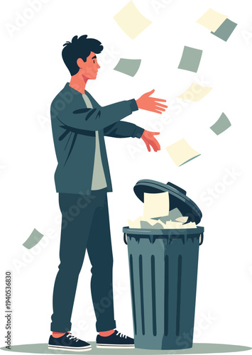 uomo o donna che buttano carta o oggetti nel cestino e il vento porta via tutto vettoriale
