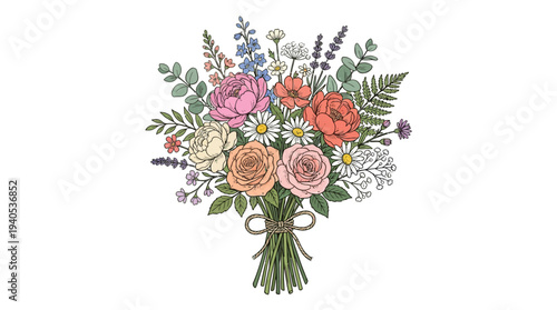 Colorful Bouquet of Flowers with Ribbon.