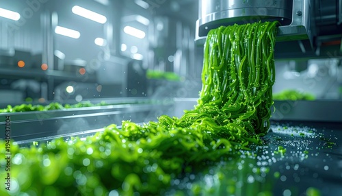 Green algae paste being extruded into protein-rich strands for advanced food production