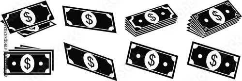 Black and white silhouette vector collection featuring various dollar bills paper currency stacks and money icons for financial business design projects.Black and white silhouette vector collection fe