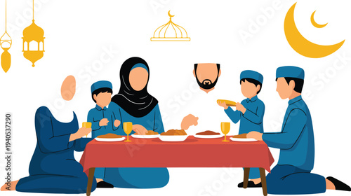 Muslim family celebrating Eid al Fitr iftar dinner with traditional food lanterns and festive Islamic holiday gathering vector illustrationPrint