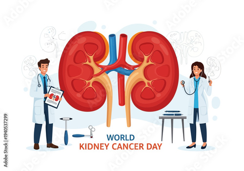 World kidney cancer day illustration with doctors and kidney anatomy