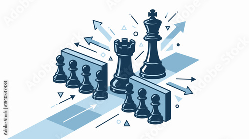 Business Strategy and Leadership Concept with Chess Pieces - King, Rook, and Pawns Leading Towards Growth and Success