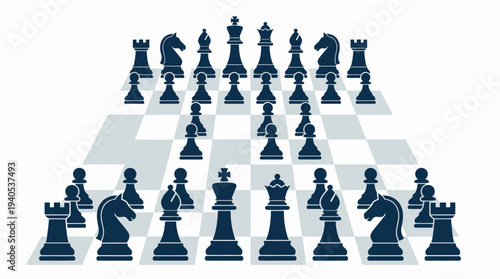 Chess Game Setup with Minimalist Blue Pieces on Strategic Board Illustration, Intellectual Concept