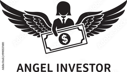 Black silhouette of winged figure holding dollar bill with text Angel Investor business finance desi