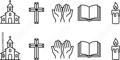 Christian religious icon set featuring church building holy cross praying hands open bible and burning candle for spiritual and faith concepts