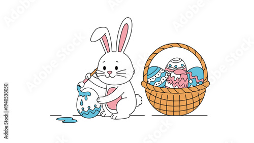 Playful illustration of a white easter bunny painting an egg next to a basket full of colorful decorated holiday eggs.