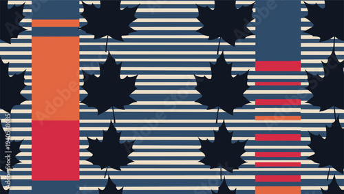 Abstract seamless pattern with dark maple leaf silhouettes and horizontal stripes in blue and red tones for autumn design.