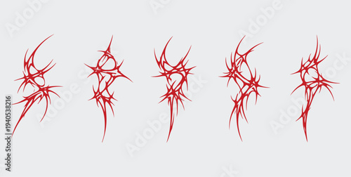 Set of Sharp Neo-Tribal Tattoo Flash Graphics in Cybersigilism Style Vector, Professional set of sharp black neo-tribal tattoo flash graphics featuring flowing aggressive lines and thorny abstract.