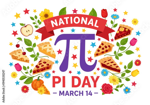 National pi day march 14 celebration with pies and pi symbol