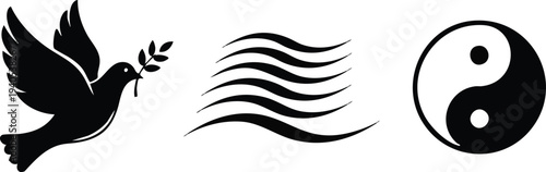 Universal Harmony Silhouette Set: Flying Peace Dove with Olive Branch, Crashing Ocean Wave, and Yin Yang Balance Icons