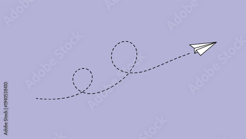 Minimalist paper airplane illustration with a dashed line loop flight trail on a solid blue background for travel concept.