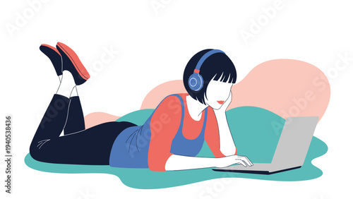 Illustration of a young woman lying down wearing headphones and using a laptop computer against abstract colorful shapes.