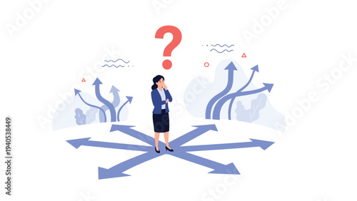 Businesswoman at a crossroads thinking with many arrow paths and a red question mark above her for decision making concept.