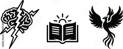 Mythical Power Silhouette Set: Brain with Lightning Bolt, Open Hardcover Book, and Majestic Phoenix Bird Icons