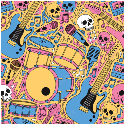 Rock Music Instruments and Punk Doodle Icon Set
