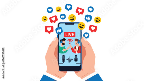 Hands holding a smartphone showing a live podcast with reactions and emoticons for social media communication concept.