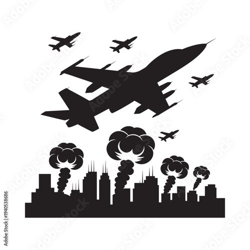 A black silhouette depicts fighter jets flying over a burning cityscape with explosions and smoke high quality