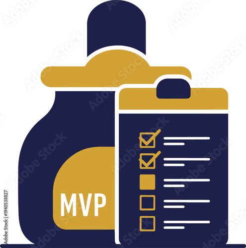 Minimalist MVP icon with checklist and bottle for startup