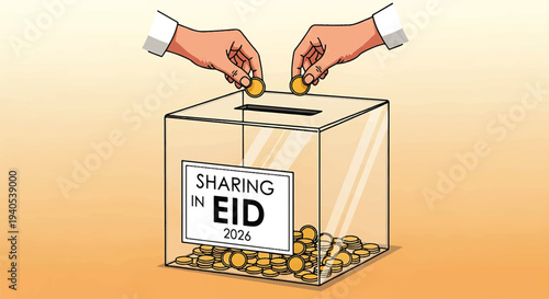 Eid Mubarak and Happy Eid al-Fitr 2026 celebration with charity box, coins, hands, giving, donation