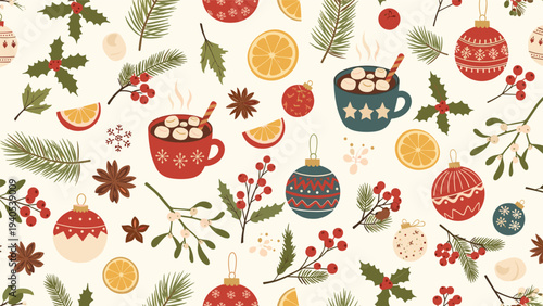 Festive seamless christmas pattern with ornaments hot cocoa mugs pine branches and holly berries on a cream background.
