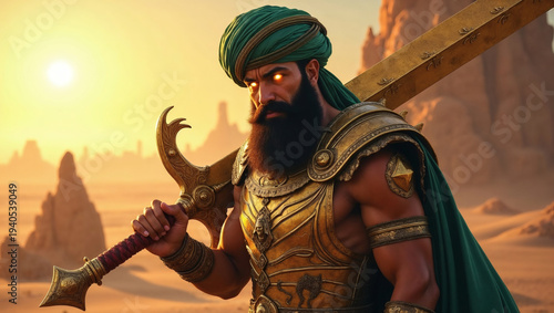 Fantasy Arabian warrior ancient knight with armor and sword in the sunset desert