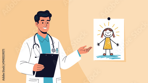 Friendly male doctor in white coat holding a clipboard and pointing to a childs drawing of a happy girl in his office.