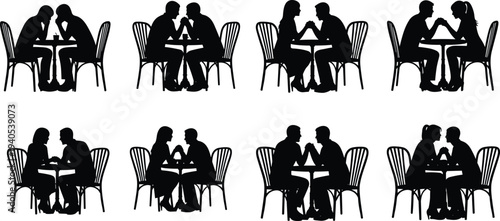 Black and white silhouettes of romantic couples sitting at small cafe tables, holding hands and talking in intimate date settings.
