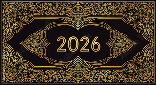 Celebrating Eid Mubarak and Happy Eid al-Fitr 2026 with festive gold ornaments on black background in vector art