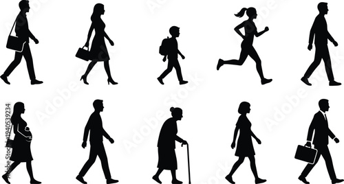 Silhouette of diverse people walking and running, pregnant woman, businessman with briefcase, student, senior with cane, urban lifestyle, movement, commuting
