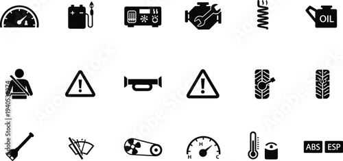 Automotive dashboard warning and indicator icons collection set, vehicle system alerts, car maintenance symbols, safety notifications, driving dashboard lights vector illustration for stock images