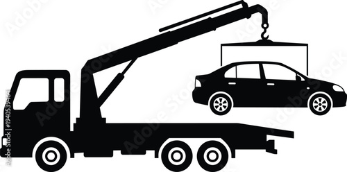 Black and white silhouette illustration of tow truck with crane lifting car, concept of vehicle towing, roadside assistance, accident recovery, parking enforcement, transportation service.