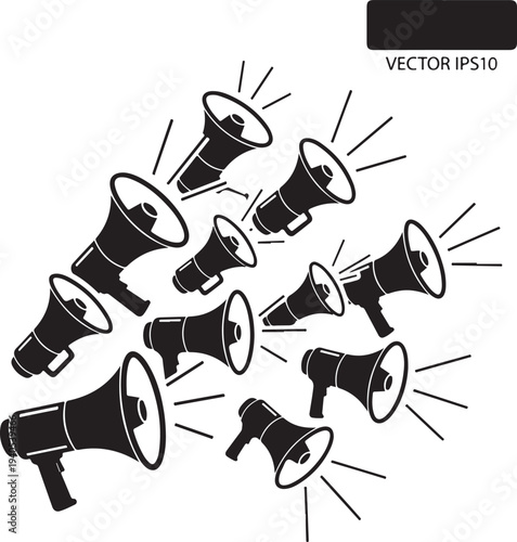 Multiple black megaphones with sound waves on white background bullhorn announcement noise de