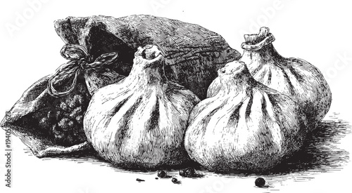 Georgian Khinkali dumplings illustration on a white background. This vector illustration can be used in any size you like for advertising, logos, and other work.
