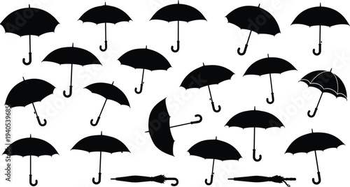 Collection of black umbrella silhouettes scattered on white background, featuring open and closed designs, curved handles, and decorative scalloped edge detail for creative design use