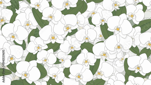 Dense seamless pattern of beautiful white orchid flowers with yellow centers and green leaves for exotic floral design.