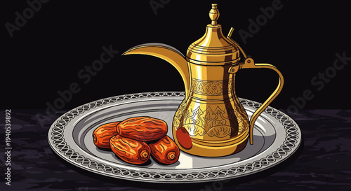 Eid Mubarak and Happy Eid al-Fitr 2026 celebration with traditional Arabian coffee pot and dates on ornate plate
