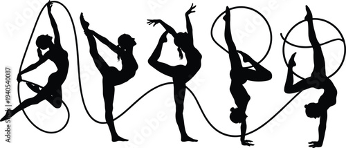 Dynamic silhouettes of rhythmic gymnasts performing elegant ribbon routines, showcasing flexibility, balance, artistry, and athletic movement in synchronized poses with flowing ribbon connection